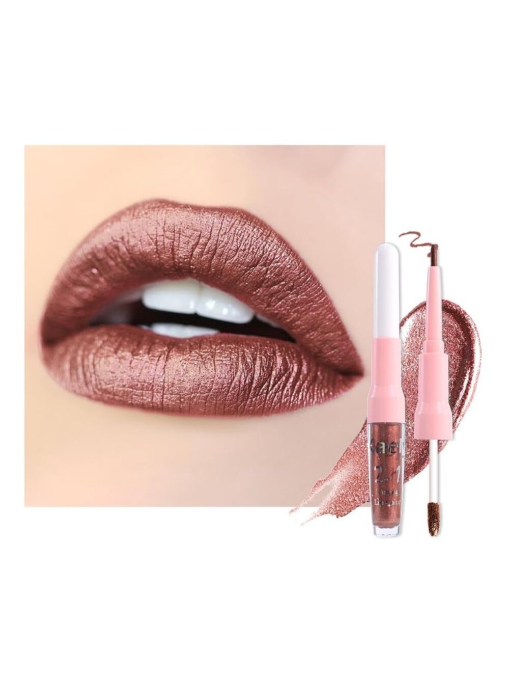 Women's 08# Brown-Metallic 2-in-1 Metallic Long Lasting Lipstick And Lip Liner